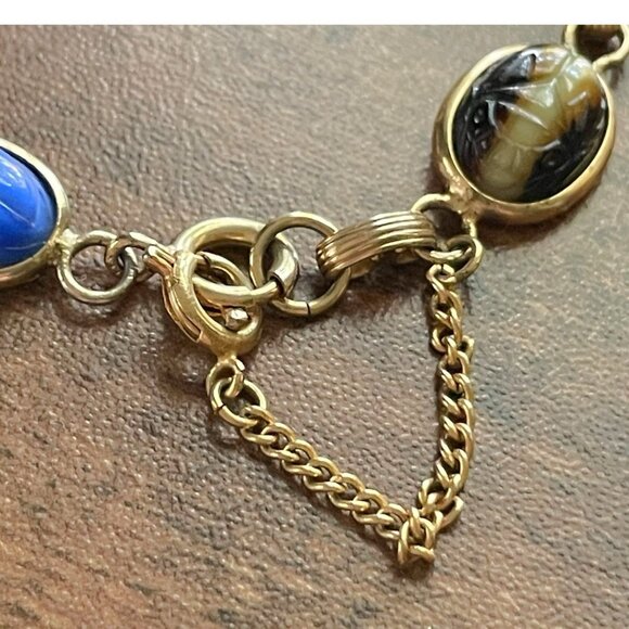 Vintage Scarab Bracelet Art Glass Gold Tone Egyptian Revival 1970s Boho Cabochon - Picture 8 of 12